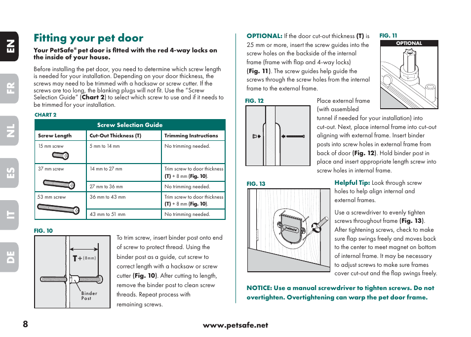 Fitting your pet door, En fr es nl it de | Petsafe Big Cat/Small Dog Pet Door User Manual | Page 8 / 64