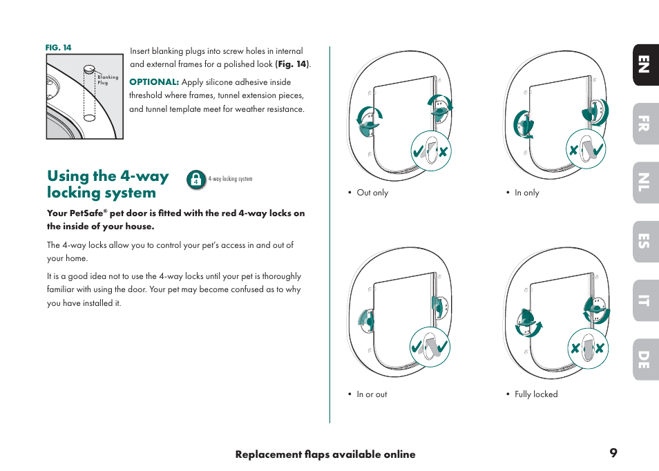 Using the 4-way locking system, De it nl es fr en | Petsafe Big Cat/Small Dog Pet Door User Manual | Page 9 / 64