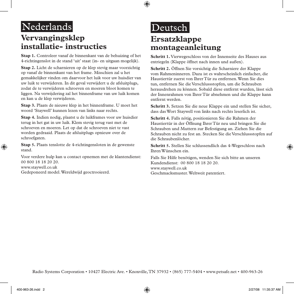 Vervangingsklep installatie- instructies, Ersatzklappe montageanleitung | Petsafe Big Cat/Small Dog Pet Door User Manual | Page 2 / 2