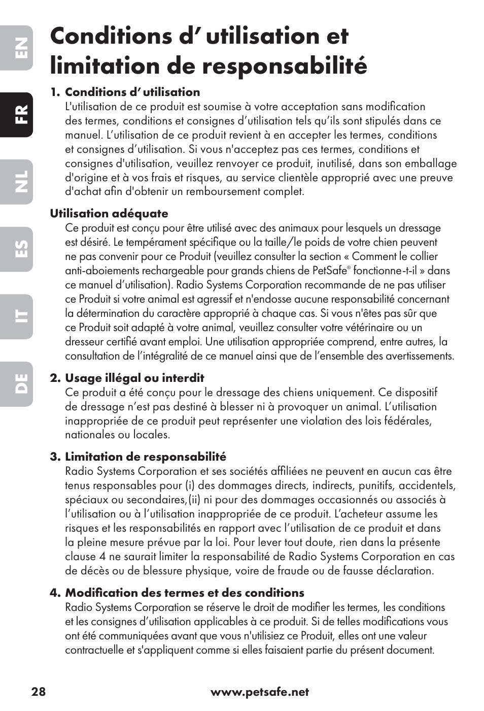 En fr nl es it de | Petsafe Big Dog Rechargeable Bark Control User Manual | Page 28 / 88