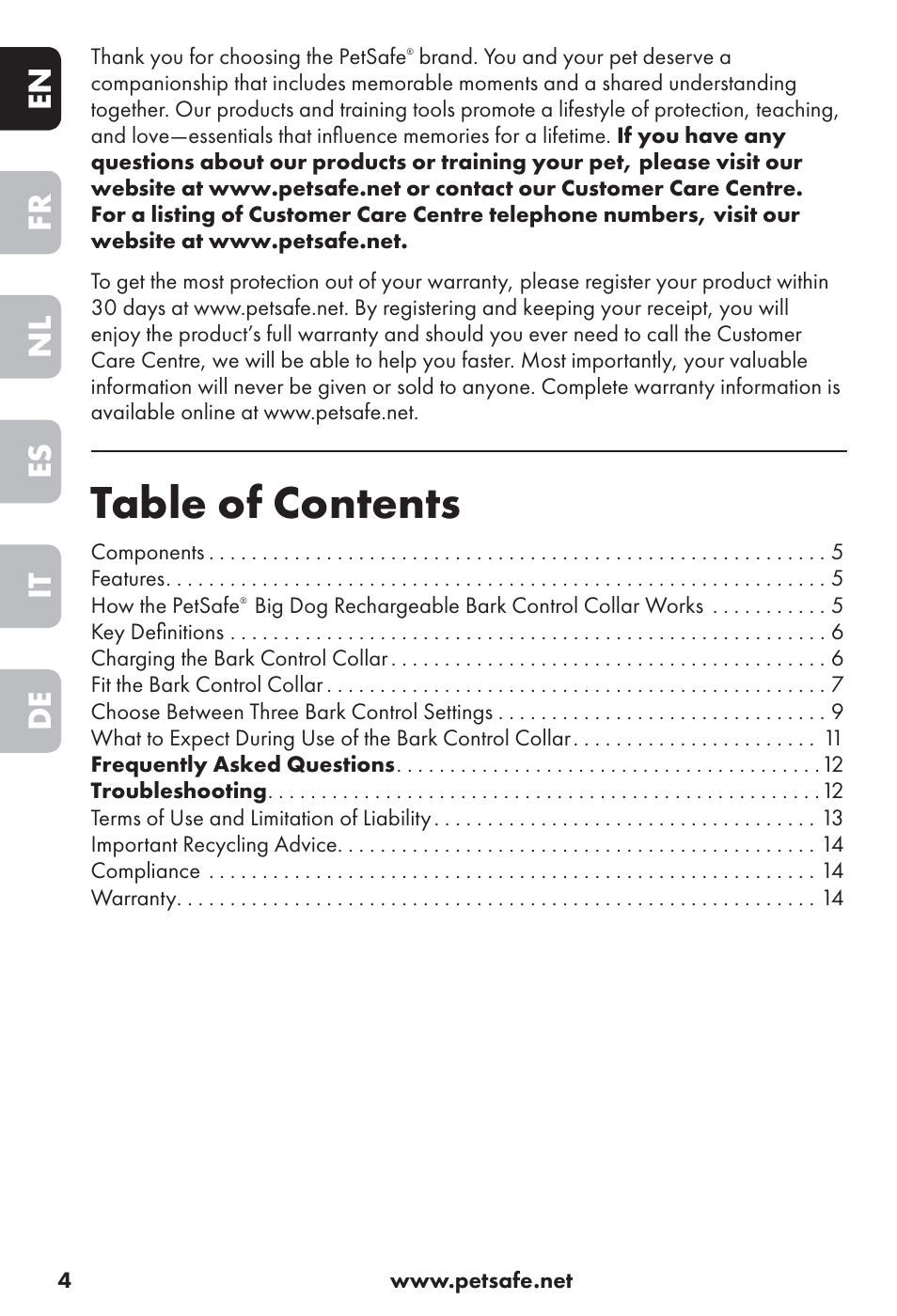 Petsafe Big Dog Rechargeable Bark Control User Manual | Page 4 / 88