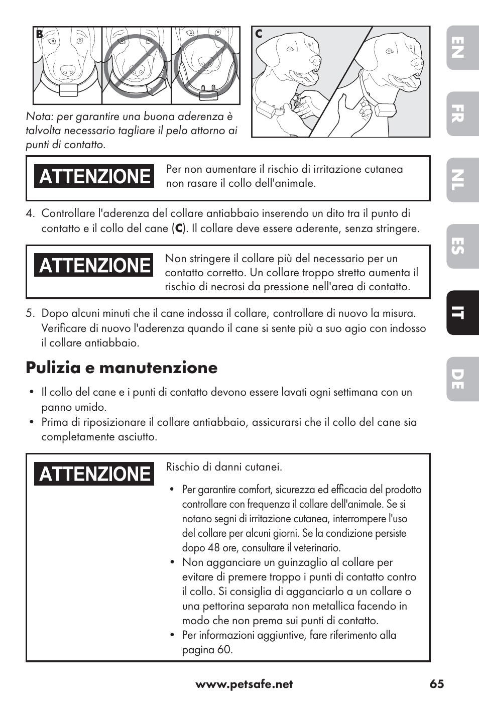 De it es nl fr en, Pulizia e manutenzione | Petsafe Big Dog Rechargeable Bark Control User Manual | Page 65 / 88
