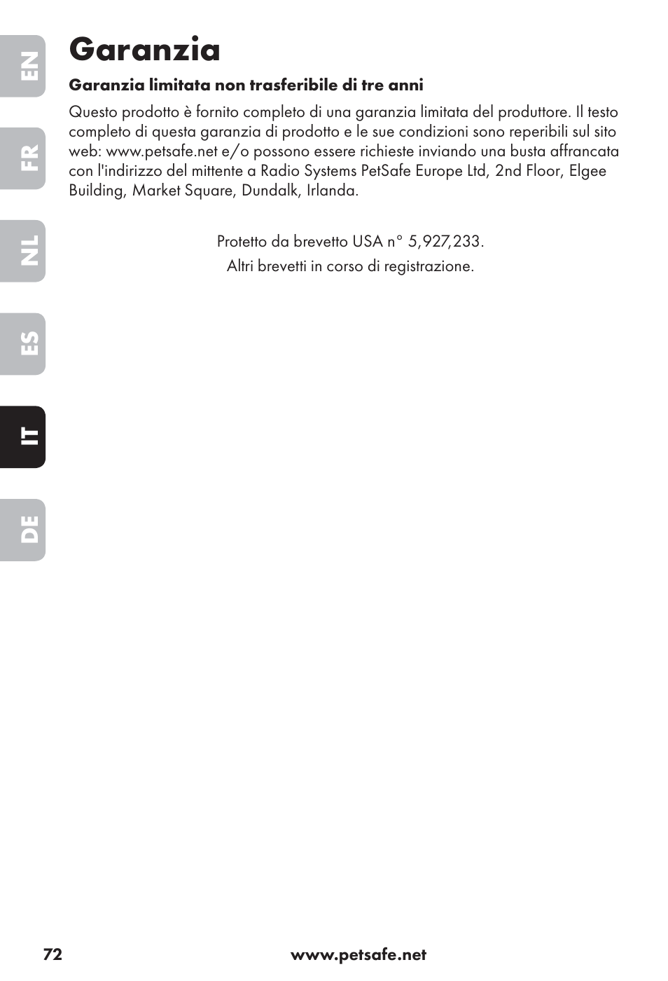 Garanzia | Petsafe Big Dog Rechargeable Bark Control User Manual | Page 72 / 88