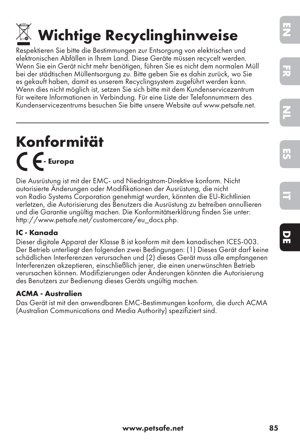 Wichtige recyclinghinweise, Konformität, De it es nl fr en | Petsafe Big Dog Rechargeable Bark Control User Manual | Page 85 / 88