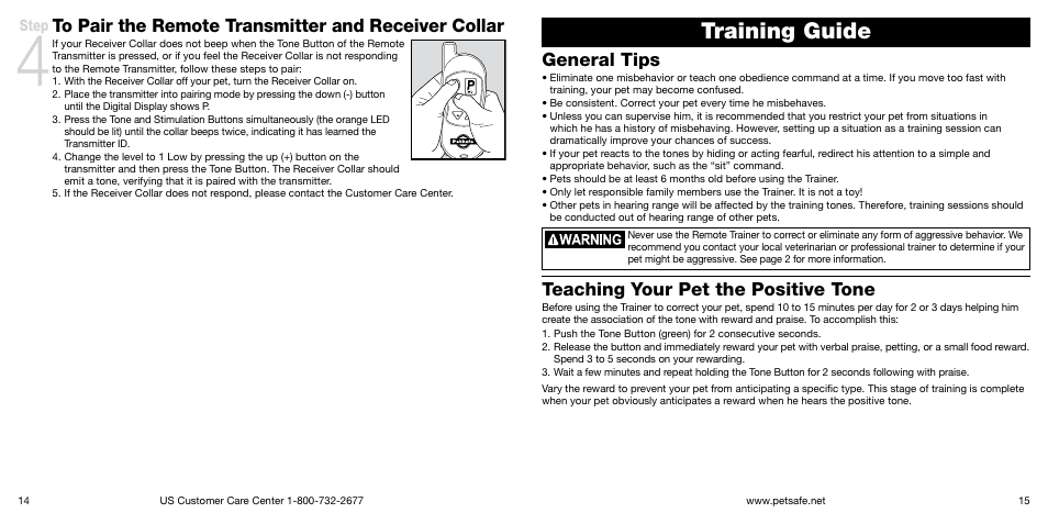 Training guide, General tips, Teaching your pet the positive tone | Step | Petsafe Big Dog Remote Trainer User Manual | Page 8 / 15