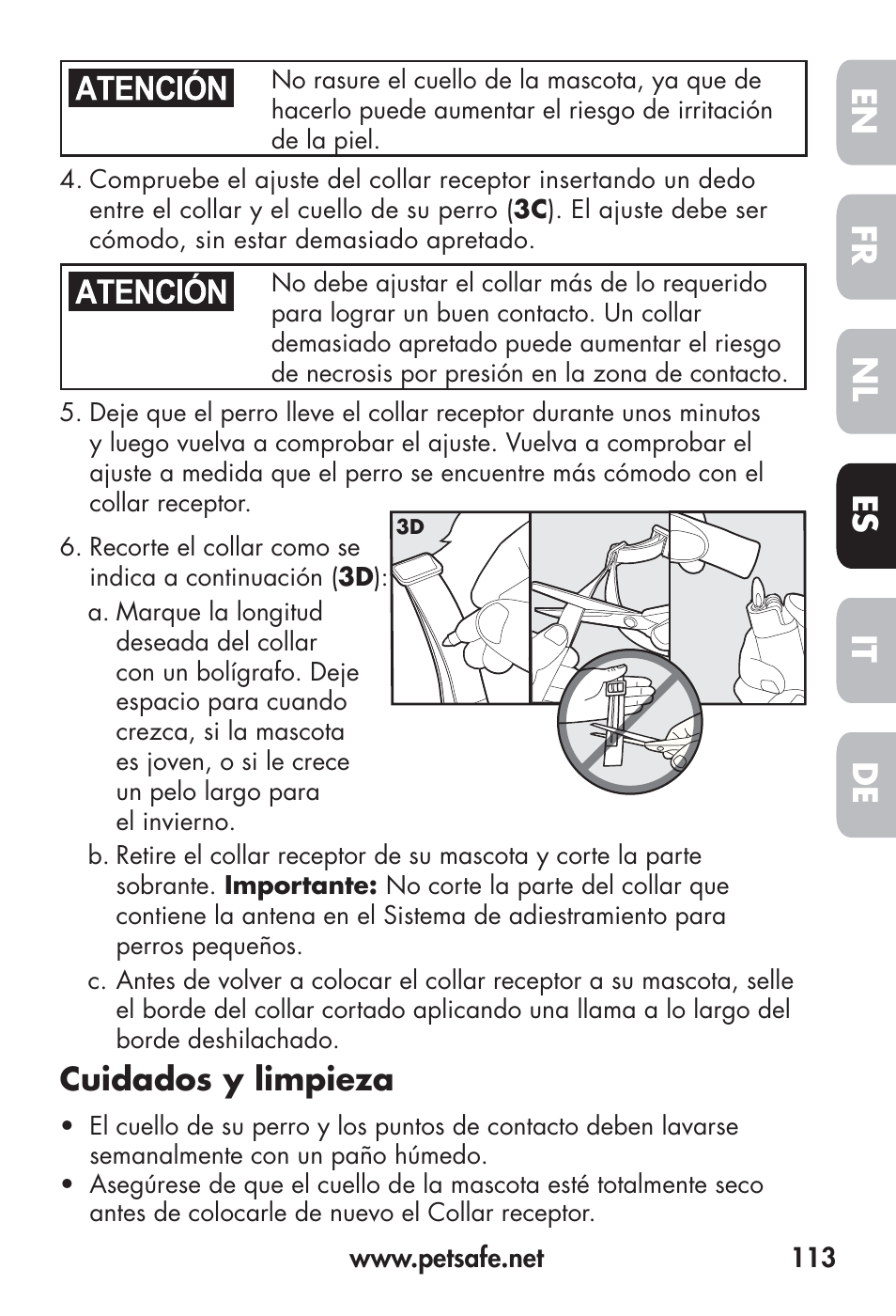 Fr en es nl it de, Cuidados y limpieza | Petsafe Big Dog Remote Trainer User Manual | Page 113 / 200