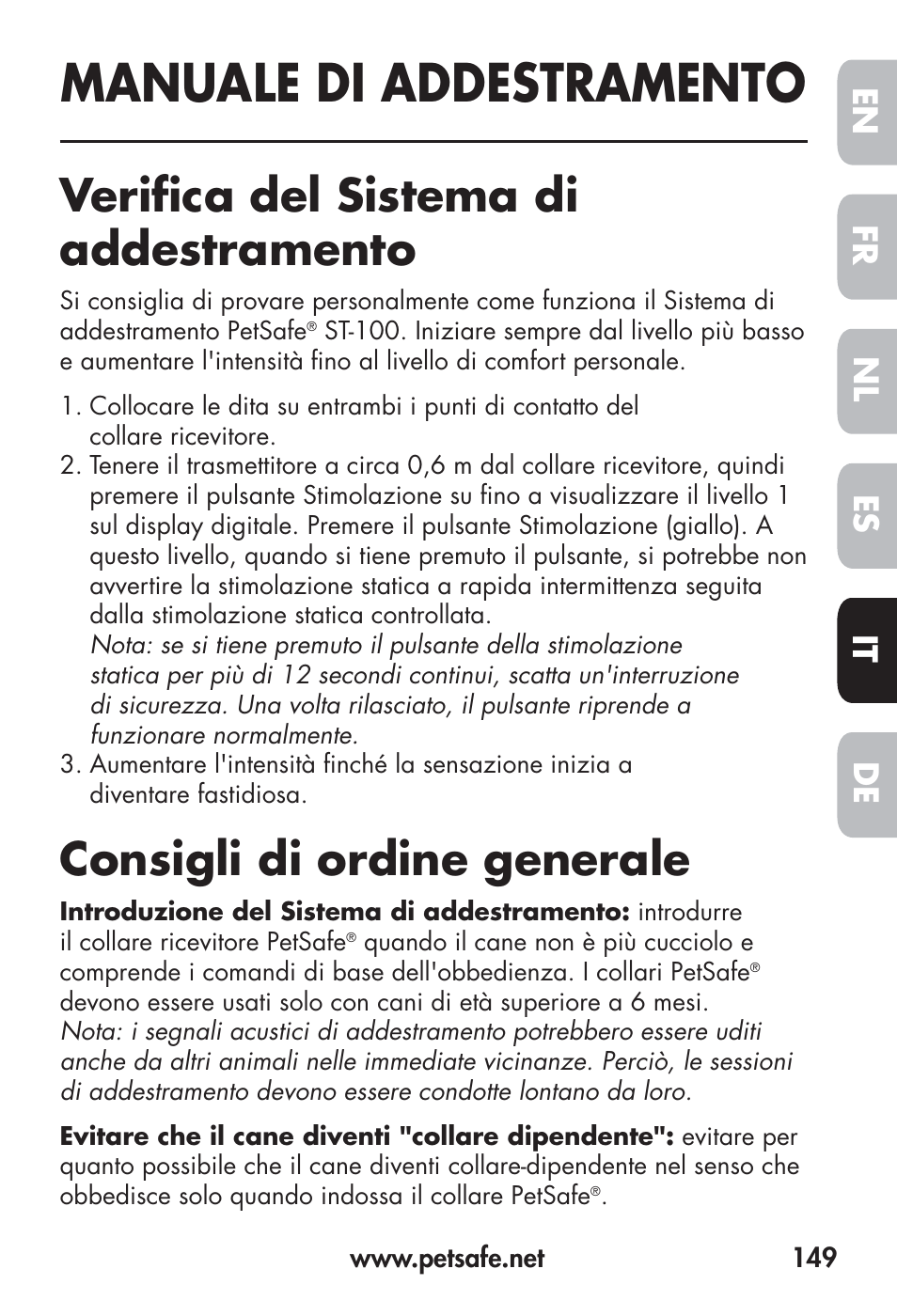 Manuale di addestramento, Verifi ca del sistema di addestramento, Consigli di ordine generale | Fr en es nl it de | Petsafe Big Dog Remote Trainer User Manual | Page 149 / 200