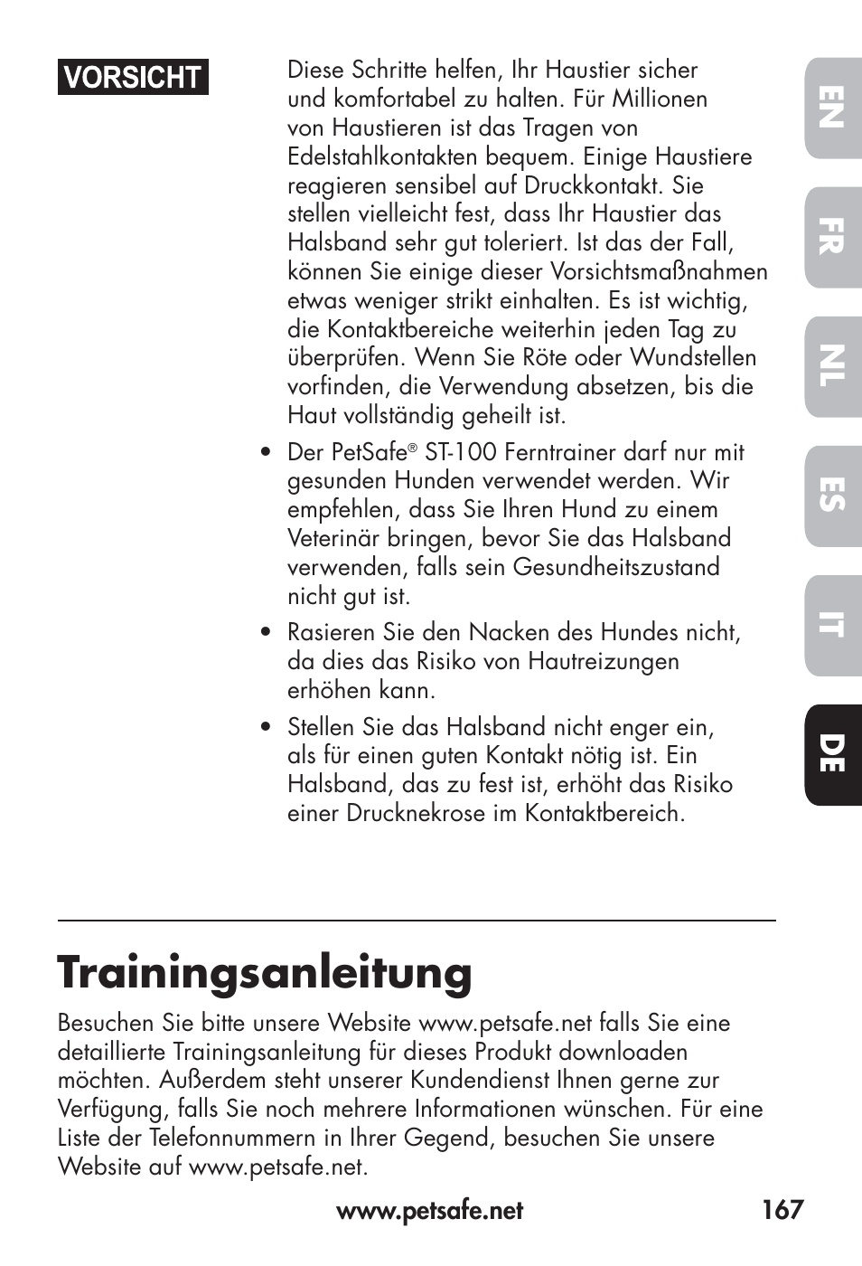 Trainingsanleitung, Fr en es nl it de | Petsafe Big Dog Remote Trainer User Manual | Page 167 / 200