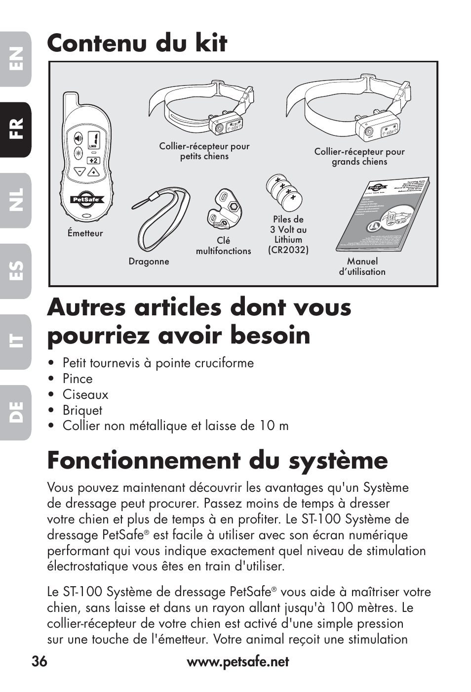 Fonctionnement du système, Fr en es nl it de | Petsafe Big Dog Remote Trainer User Manual | Page 36 / 200