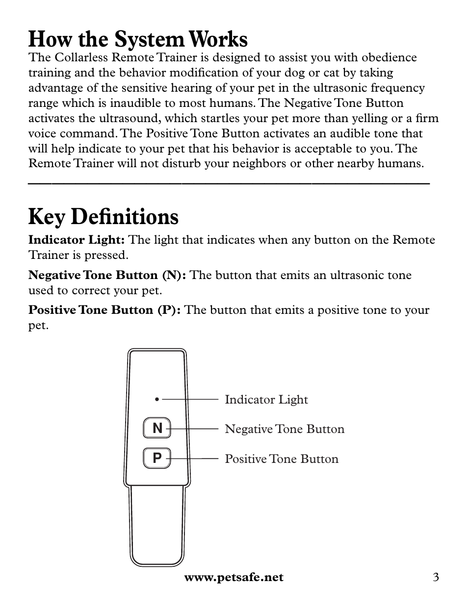 How the system works, Key defi nitions | Petsafe Collarless Remote Trainer User Manual | Page 3 / 16
