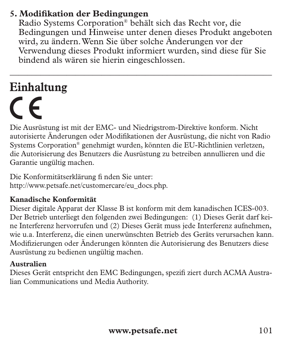 Einhaltung | Petsafe Deluxe Big Dog Bark Control User Manual | Page 101 / 120