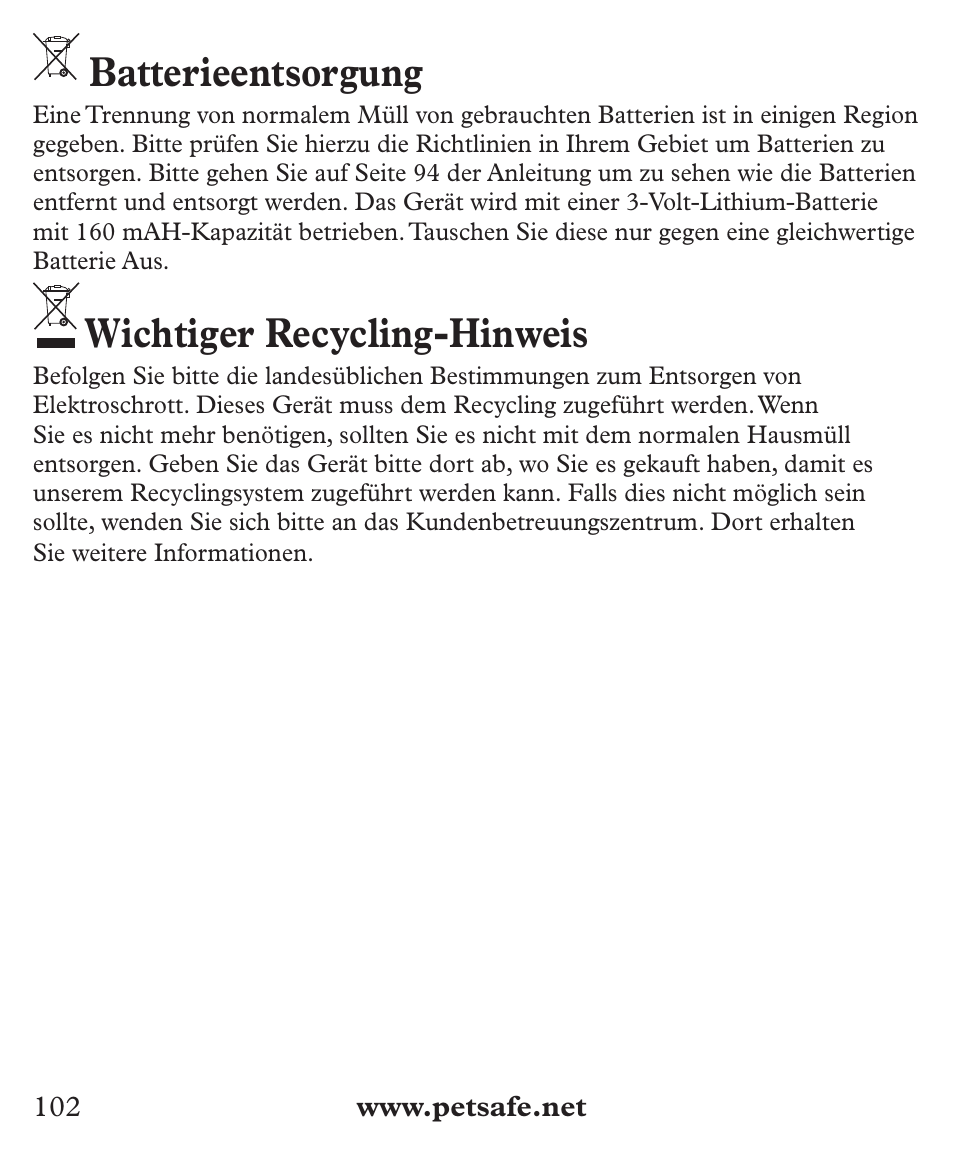 Batterieentsorgung, Wichtiger recycling-hinweis | Petsafe Deluxe Big Dog Bark Control User Manual | Page 102 / 120