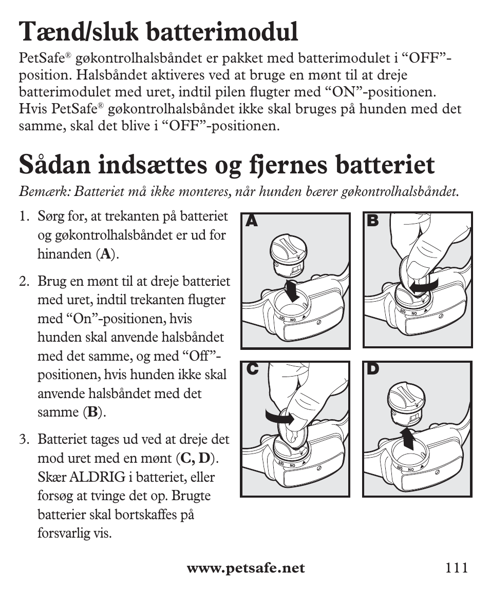 Tænd/sluk batterimodul, Sådan indsættes og fjernes batteriet | Petsafe Deluxe Big Dog Bark Control User Manual | Page 111 / 120