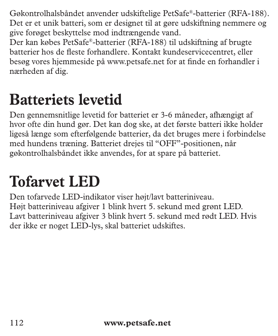 Batteriets levetid, Tofarvet led | Petsafe Deluxe Big Dog Bark Control User Manual | Page 112 / 120