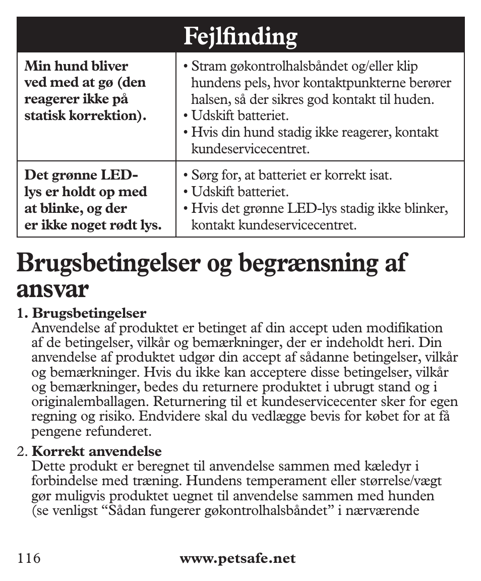 Brugsbetingelser og begrænsning af ansvar, Fejlfi nding | Petsafe Deluxe Big Dog Bark Control User Manual | Page 116 / 120