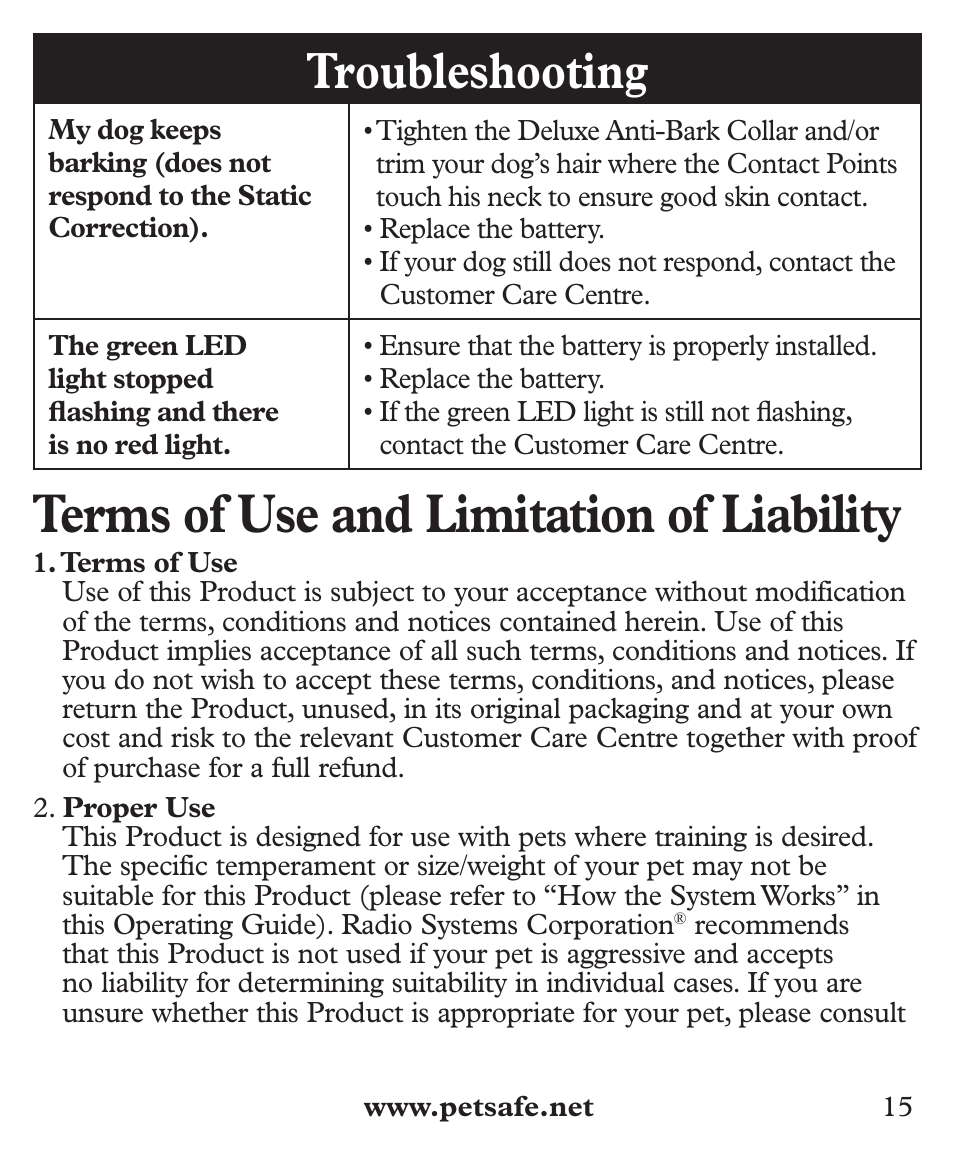 Terms of use and limitation of liability, Troubleshooting | Petsafe Deluxe Big Dog Bark Control User Manual | Page 15 / 120