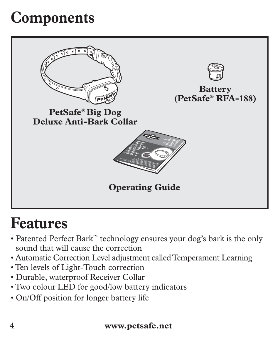 Components, Features | Petsafe Deluxe Big Dog Bark Control User Manual | Page 4 / 120