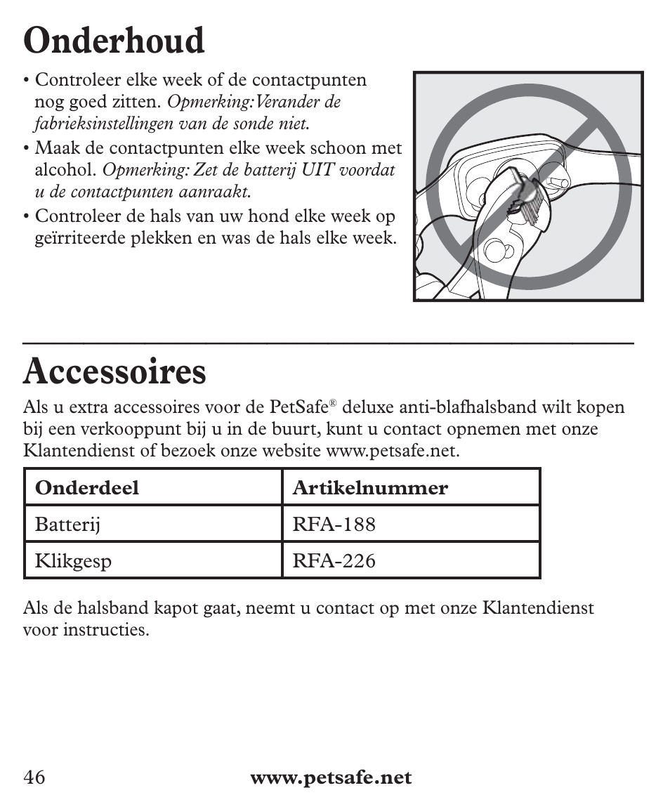 Onderhoud, Accessoires | Petsafe Deluxe Big Dog Bark Control User Manual | Page 46 / 120