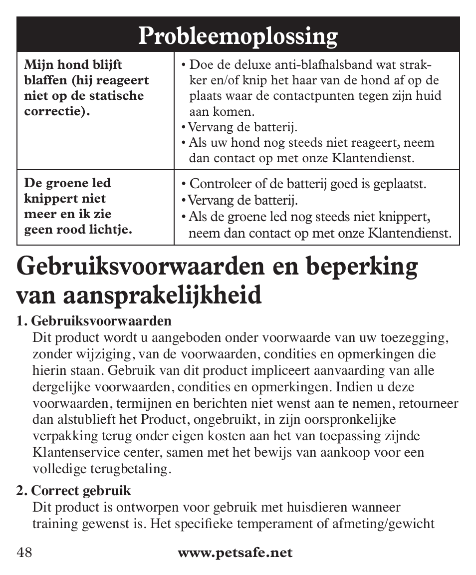 Probleemoplossing | Petsafe Deluxe Big Dog Bark Control User Manual | Page 48 / 120