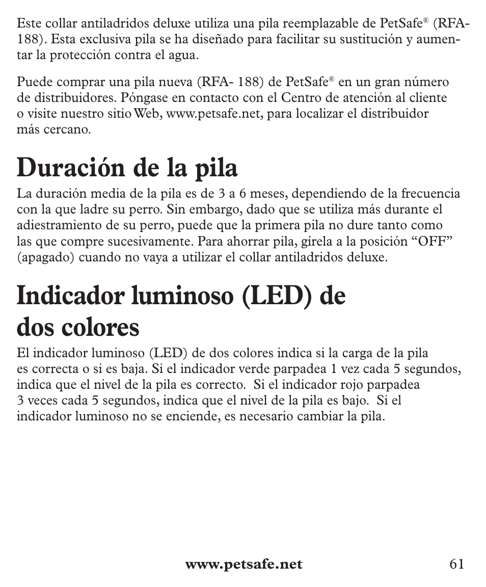Duración de la pila, Indicador luminoso (led) de dos colores | Petsafe Deluxe Big Dog Bark Control User Manual | Page 61 / 120