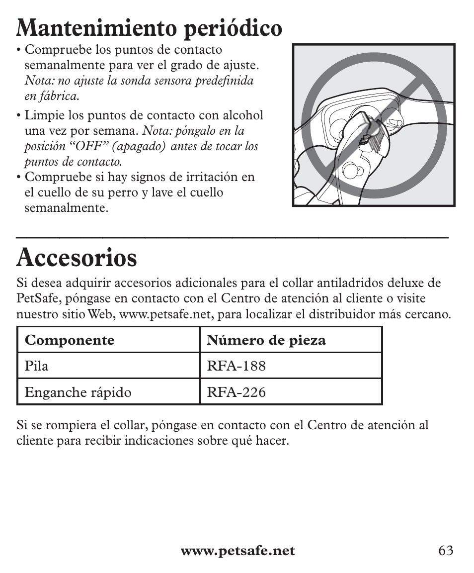 Accesorios, Mantenimiento periódico | Petsafe Deluxe Big Dog Bark Control User Manual | Page 63 / 120