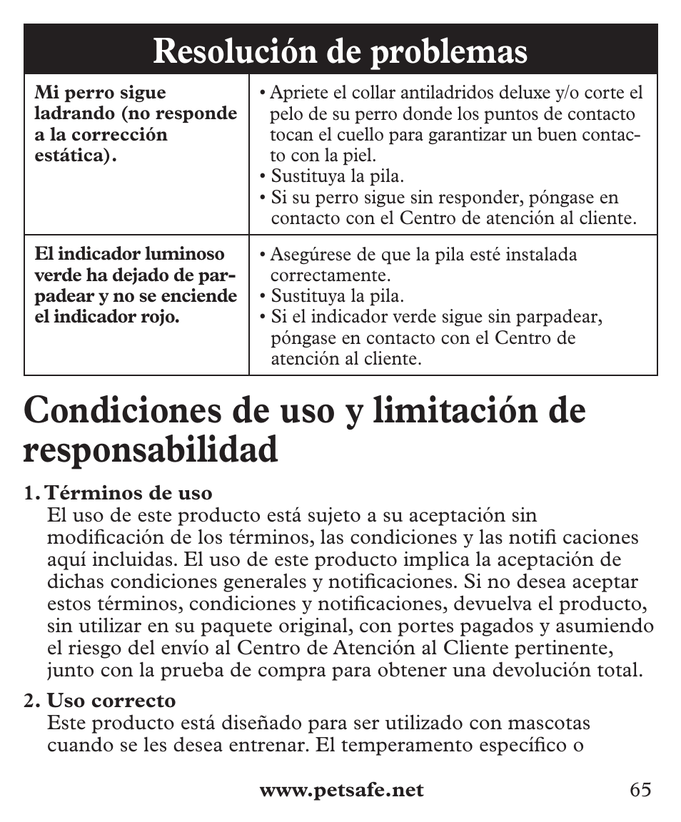 Condiciones de uso y limitación de responsabilidad, Resolución de problemas | Petsafe Deluxe Big Dog Bark Control User Manual | Page 65 / 120