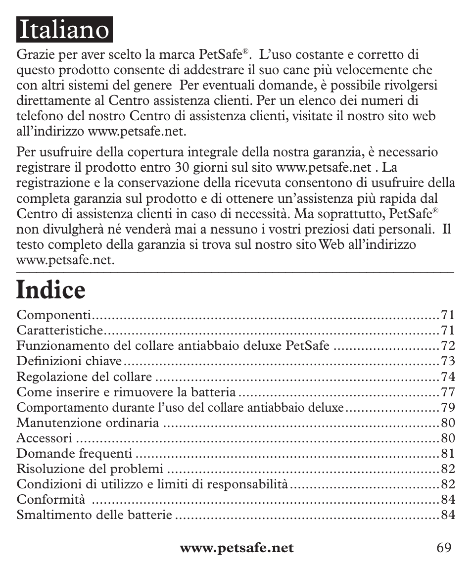 Indice, Italiano | Petsafe Deluxe Big Dog Bark Control User Manual | Page 69 / 120