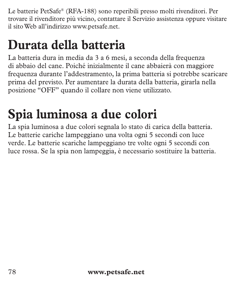 Durata della batteria, Spia luminosa a due colori | Petsafe Deluxe Big Dog Bark Control User Manual | Page 78 / 120