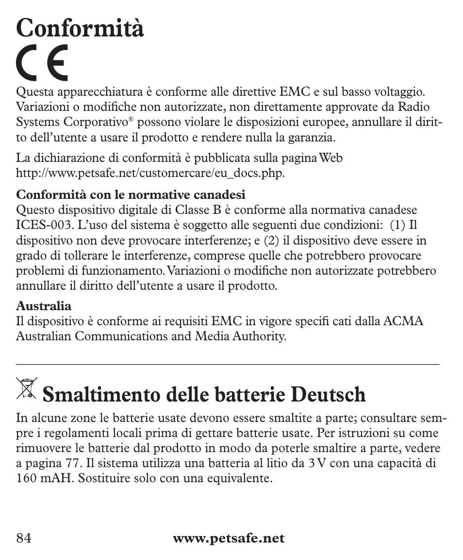 Conformità, Smaltimento delle batterie deutsch | Petsafe Deluxe Big Dog Bark Control User Manual | Page 84 / 120