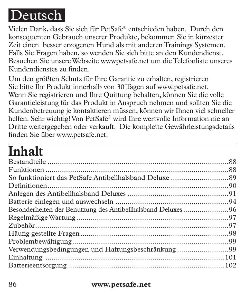 Inhalt, Deutsch | Petsafe Deluxe Big Dog Bark Control User Manual | Page 86 / 120