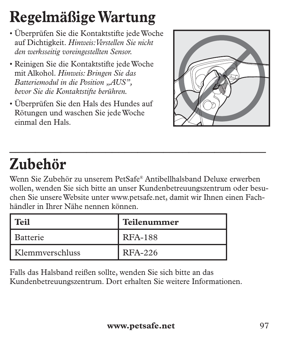 Regelmäßige wartung, Zubehör | Petsafe Deluxe Big Dog Bark Control User Manual | Page 97 / 120