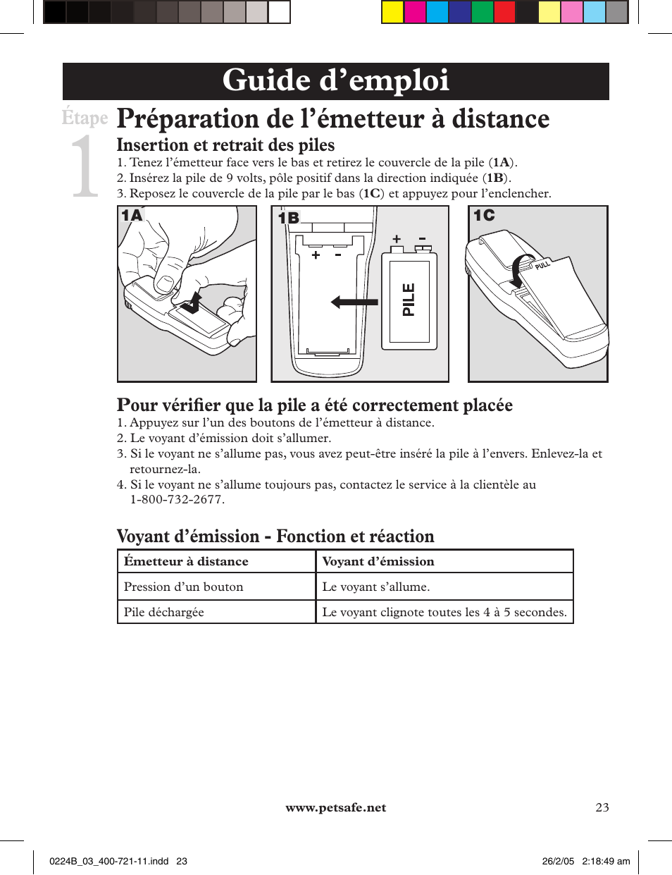 Guide d’emploi, Préparation de l’émetteur à distance, Étape | Petsafe Deluxe Big Dog Remote Trainer User Manual | Page 23 / 56