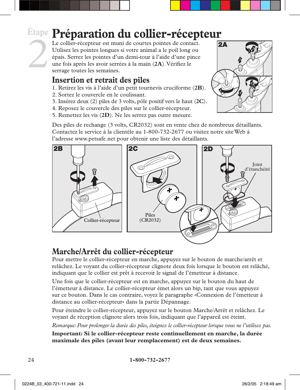 Préparation du collier-récepteur, Étape, Insertion et retrait des piles | Marche/arrêt du collier-récepteur | Petsafe Deluxe Big Dog Remote Trainer User Manual | Page 24 / 56