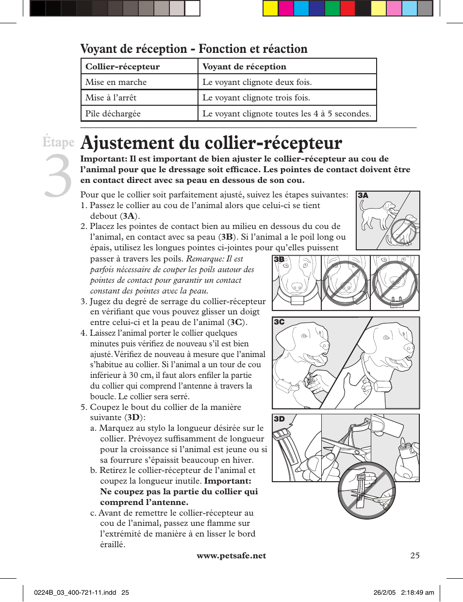 Ajustement du collier-récepteur, Étape, Voyant de réception - fonction et réaction | Petsafe Deluxe Big Dog Remote Trainer User Manual | Page 25 / 56