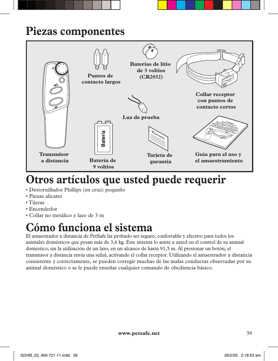 Piezas componentes, Otros artículos que usted puede requerir, Cómo funciona el sistema | Petsafe Deluxe Big Dog Remote Trainer User Manual | Page 39 / 56