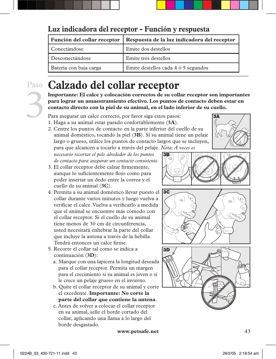 Calzado del collar receptor, Paso, Luz indicadora del receptor - función y respuesta | Petsafe Deluxe Big Dog Remote Trainer User Manual | Page 43 / 56