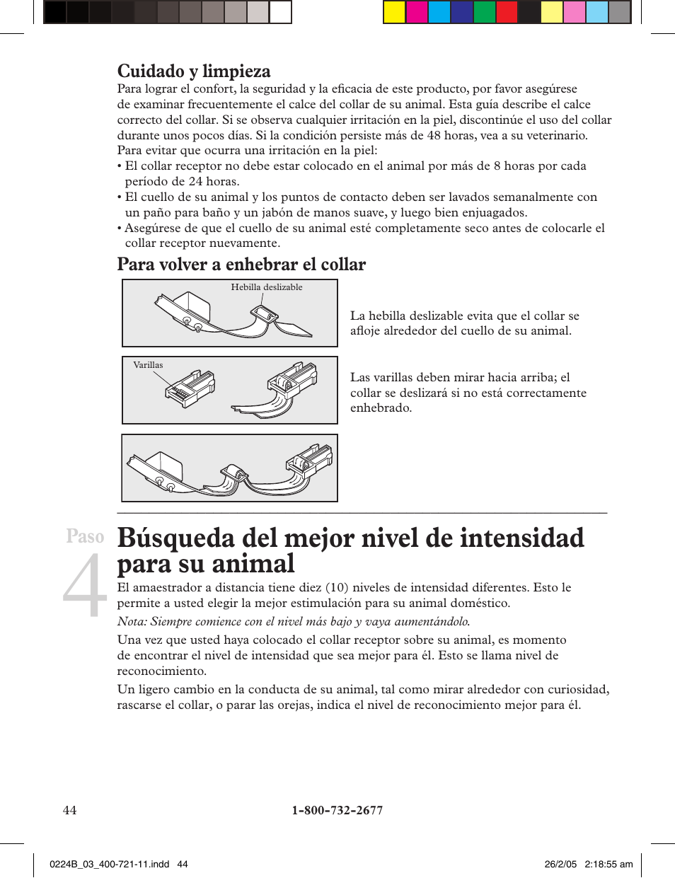 Paso, Cuidado y limpieza, Para volver a enhebrar el collar | Petsafe Deluxe Big Dog Remote Trainer User Manual | Page 44 / 56