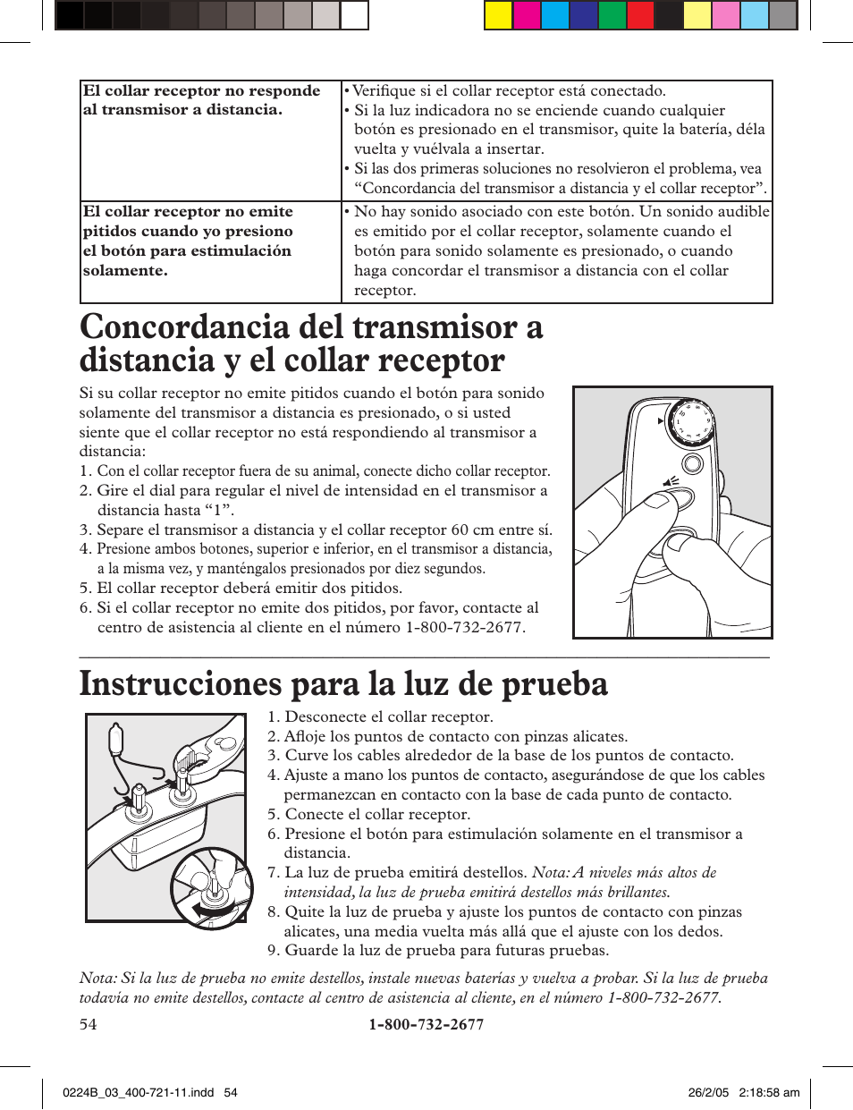 Instrucciones para la luz de prueba | Petsafe Deluxe Big Dog Remote Trainer User Manual | Page 54 / 56