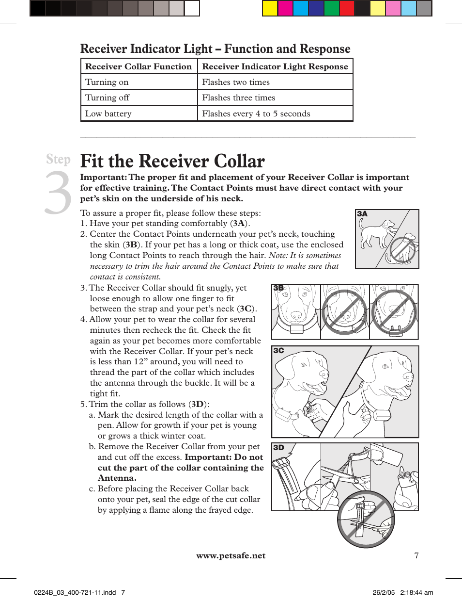 Fit the receiver collar, Step, Receiver indicator light – function and response | Petsafe Deluxe Big Dog Remote Trainer User Manual | Page 7 / 56