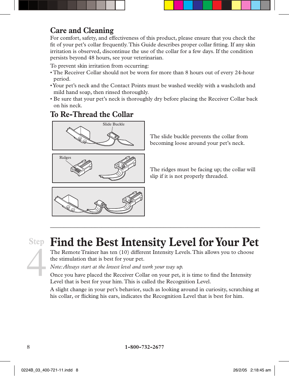 Find the best intensity level for your pet, Step, Care and cleaning | Petsafe Deluxe Big Dog Remote Trainer User Manual | Page 8 / 56