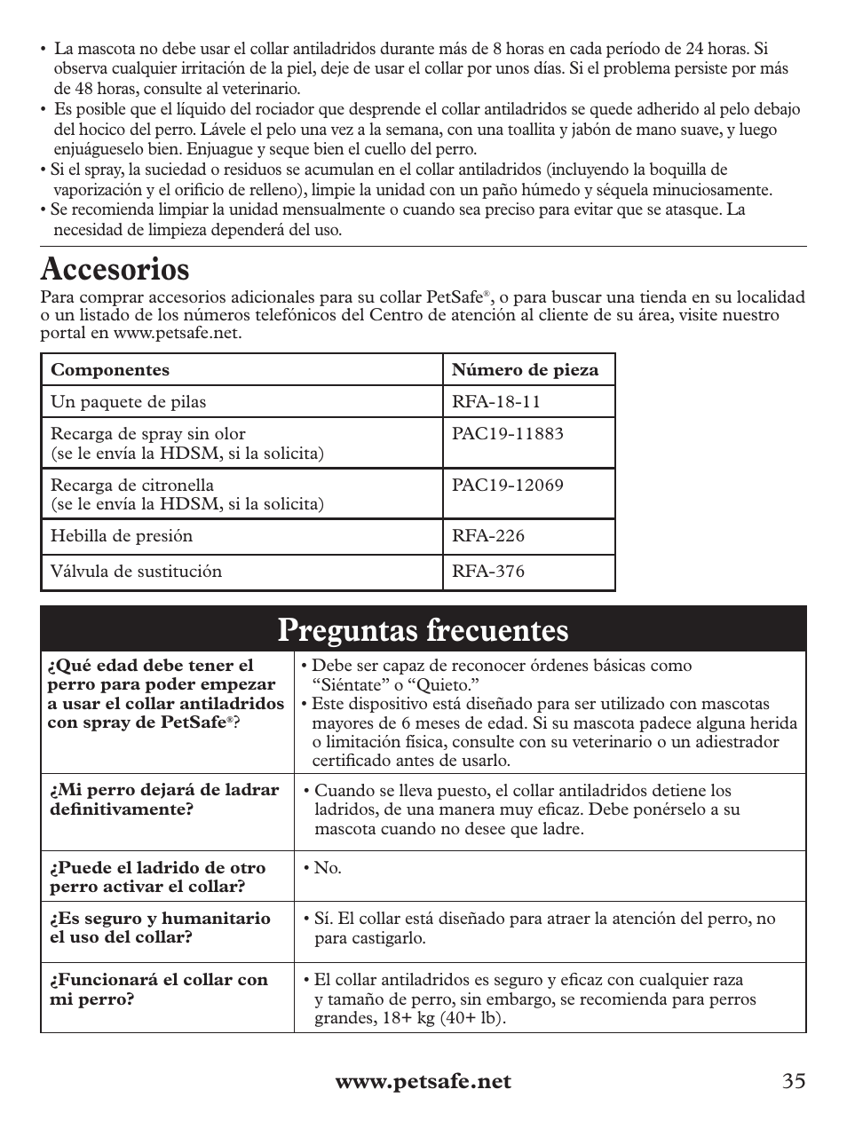 Accesorios, Preguntas frecuentes | Petsafe Deluxe Big Dog Spray Bark Control Collar User Manual | Page 35 / 56