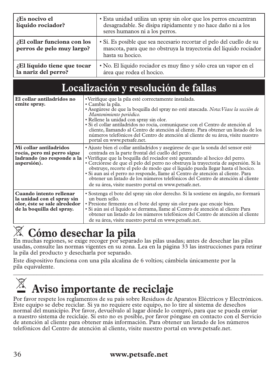Cómo desechar la pila, Aviso importante de reciclaje, Localización y resolución de fallas | Petsafe Deluxe Big Dog Spray Bark Control Collar User Manual | Page 36 / 56