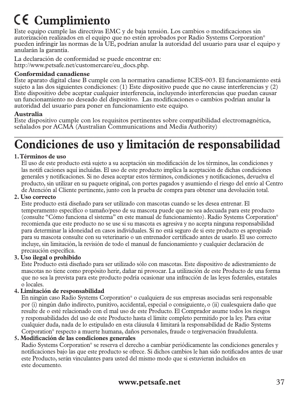 Cumplimiento, Condiciones de uso y limitación de responsabilidad | Petsafe Deluxe Big Dog Spray Bark Control Collar User Manual | Page 37 / 56