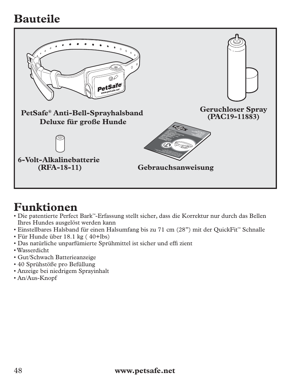 Bauteile, Funktionen | Petsafe Deluxe Big Dog Spray Bark Control Collar User Manual | Page 48 / 56