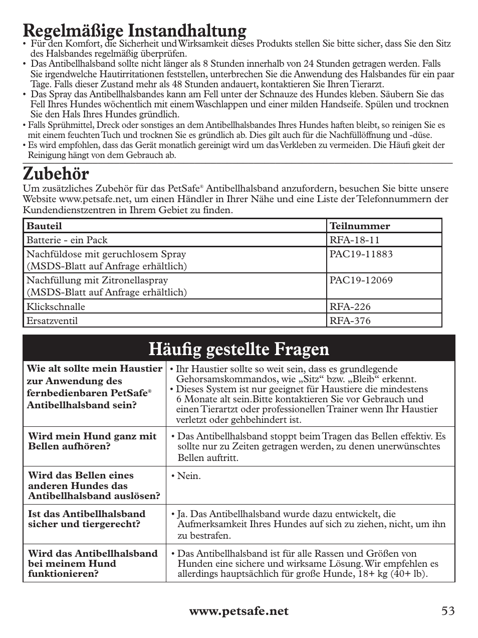 Regelmäßige instandhaltung, Zubehör, Häufi g gestellte fragen | Petsafe Deluxe Big Dog Spray Bark Control Collar User Manual | Page 53 / 56