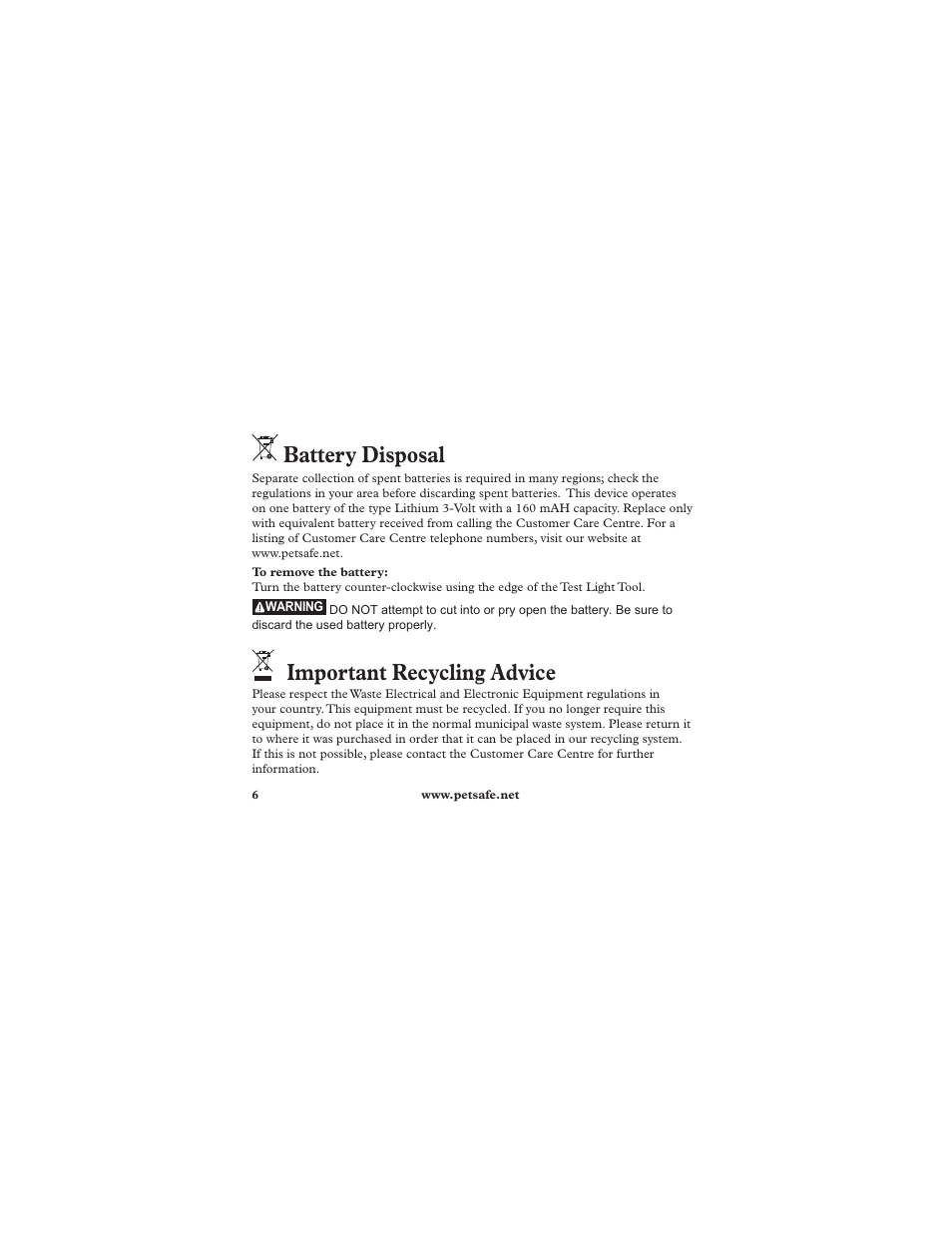 Battery disposal, Important recycling advice | Petsafe Deluxe In-Ground Cat Fence™ Extra Receiver Collar User Manual | Page 6 / 32