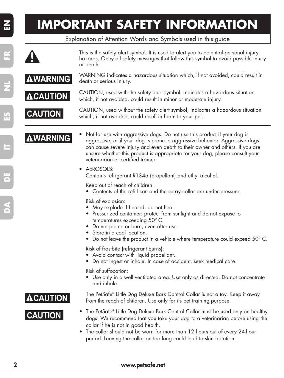 Important safety information, En fr es nl it da de | Petsafe Deluxe Little Dog Spray Bark Control User Manual | Page 2 / 96