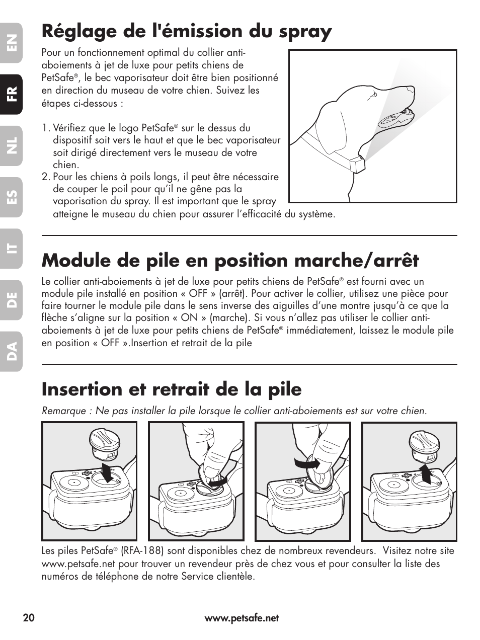 Réglage de l'émission du spray, Module de pile en position marche/arrêt, Insertion et retrait de la pile | En fr es nl it da de | Petsafe Deluxe Little Dog Spray Bark Control User Manual | Page 20 / 96