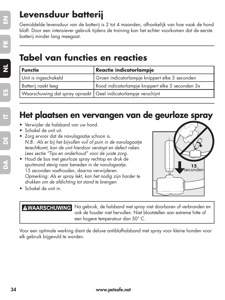 Levensduur batterij, Tabel van functies en reacties, Het plaatsen en vervangen van de geurloze spray | Petsafe Deluxe Little Dog Spray Bark Control User Manual | Page 34 / 96