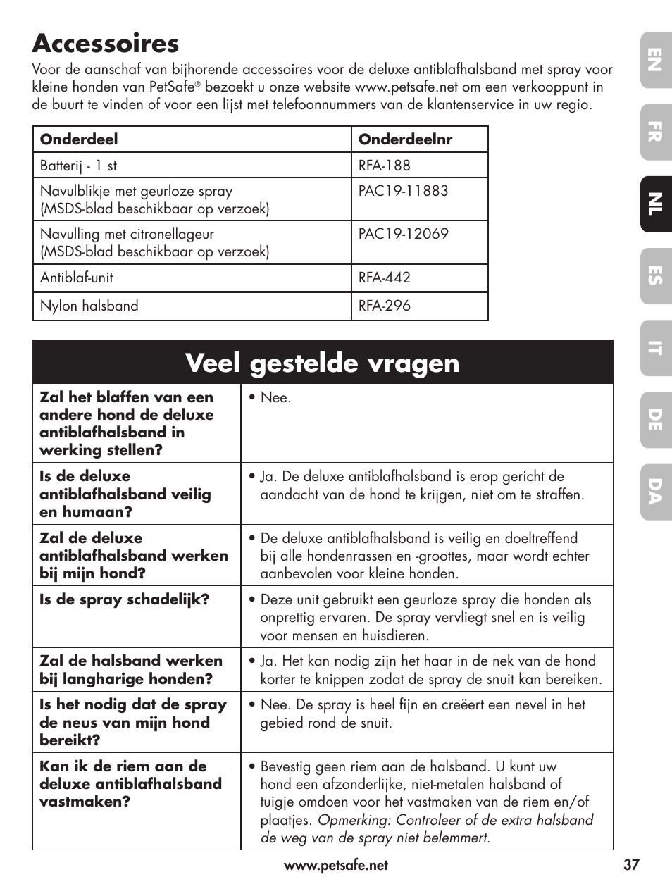 Accessoires, Veel gestelde vragen, En fr es nl it da de | Petsafe Deluxe Little Dog Spray Bark Control User Manual | Page 37 / 96